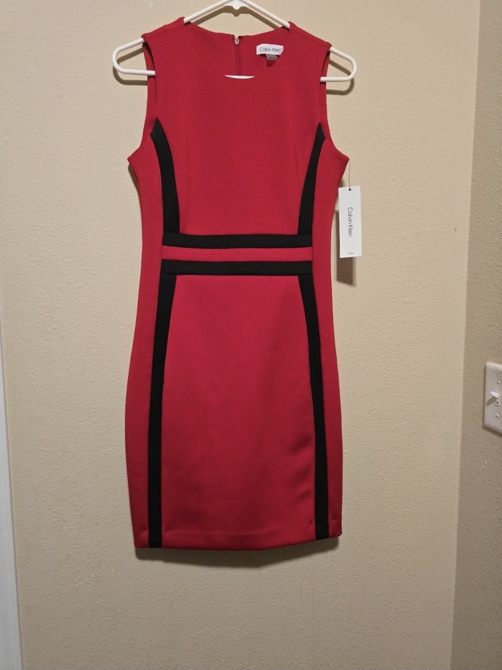 Calvin Klein Red Sheath Dress with Black Paneled Accents
